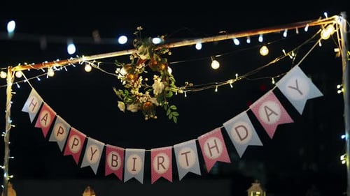 Happy Birthday Banner with Festive Lights and Floral Wreath