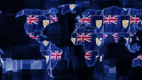 Anguilla Flag on Digital World Map Technology Animation