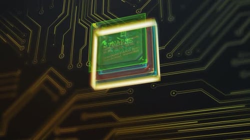 Digital Circuit Board with Glowing Cube and Code Animation