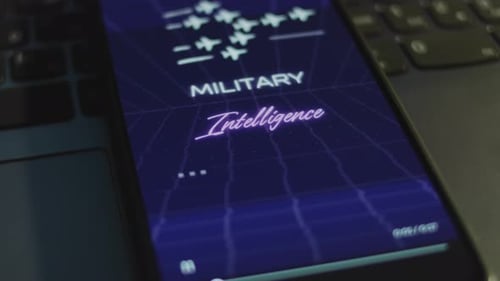 Military Intelligence Inscription on Smartphone Screen with Dark Blue Background with Linear