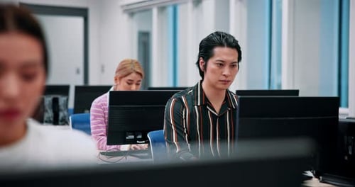 Training, center and group of business people at computer for research, growth