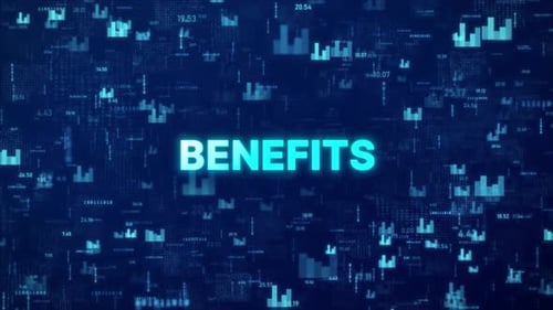 BENEFITS Concept over animated stock market background with chart, numbers and matrix codes