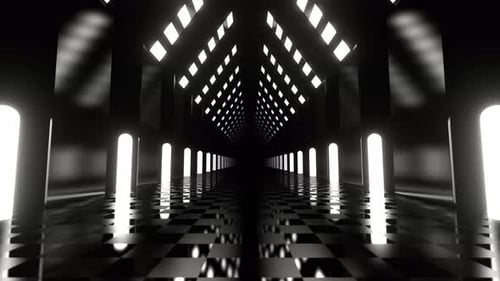 White Corridor With Tall Neon Columns Background Vj Loop I 4K