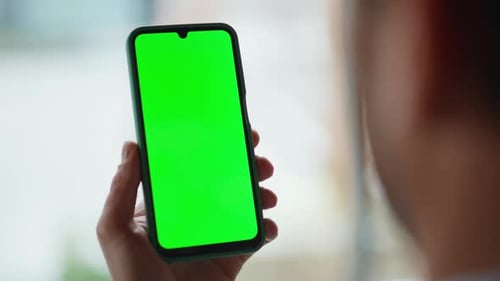 Hands Scrolling Chromakey Mobile Phone in Office Closeup Unknown Businessman