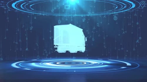 Futuristic Digital Truck Hologram Rotating in Tech Environment