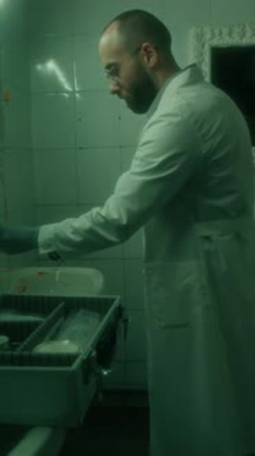 Un médecin légiste traite les empreintes digitales dans une salle de bain faiblement éclairée
