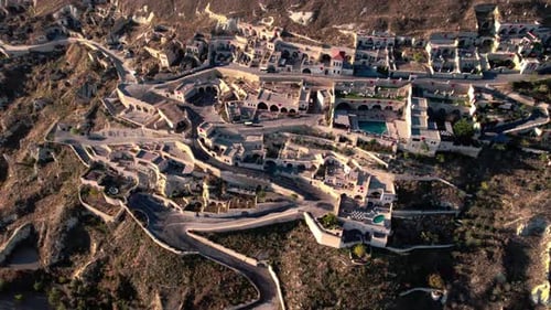 Aerial view of Turkish boutique hotel Kayakapi Premium Cave hotel in Cappadocia, Turkey
