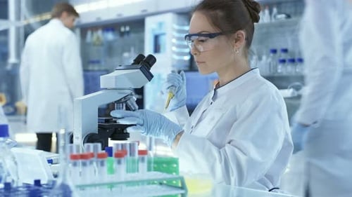 Scientist Working with Microscope in Bright Lab