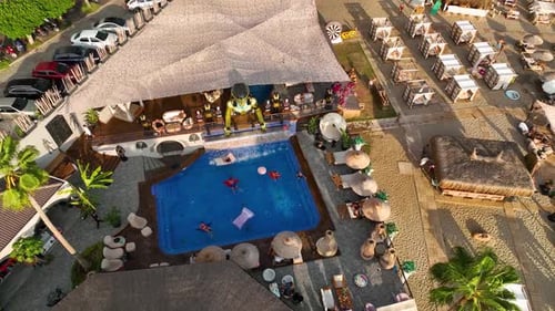 Beach Cafe on the Mediterranean Sea Aerial View 4 K