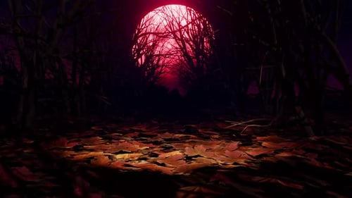 Animated Spooky Forest with Red Moon and Blowing Autumn Leaves