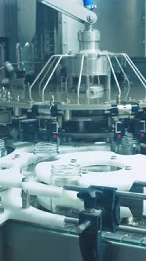 Automatic Washing of Glass Jars with a Jet of Water Conveyor Line in Food Industry Sterilization