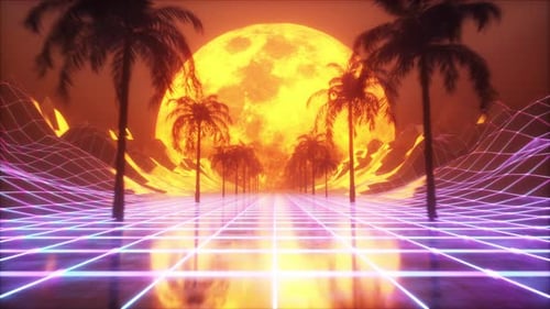 Retro Synthwave Landscape with Neon Grid and Palm Trees