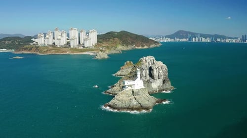 Busan islands and Oryukdo Skywalk coastal aerial view, South Korea