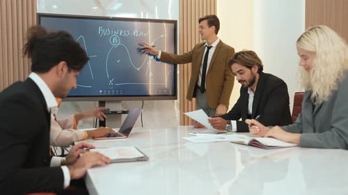 Business Team Meeting Presenting Charts and Data