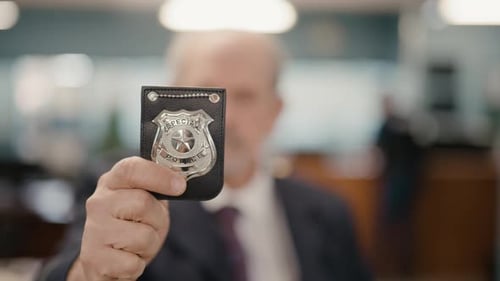 Police officer holding up a badge shallow depth of field