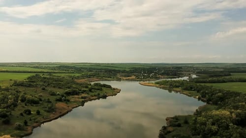 River and fields from air. Countryside.