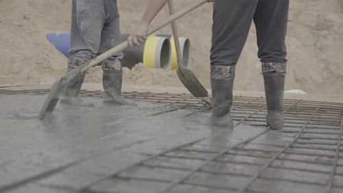 Des ouvriers de sexe masculin nivelent du mortier dans un coffrage sur un chantier de construction