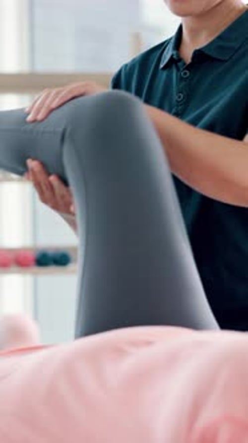 Physical therapy, leg pain and physiotherapist with woman at clinic for injury recovery