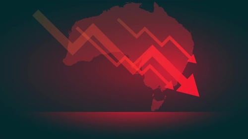 map australia with red arrows down, economic crisis australia animation 4k