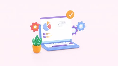 Animation 3D d'un ordinateur portable et de graphiques, schéma financier et graphiques. Logiciel, développement web