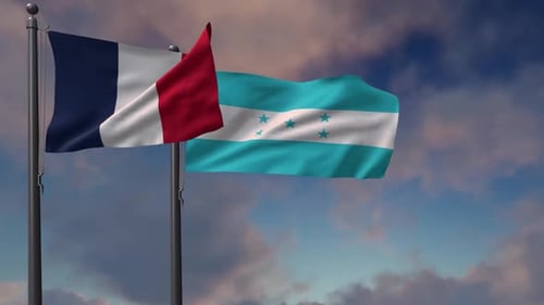 Waving Flags of France and Honduras on a Cloudy Sky