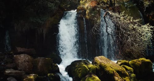 Beautiful Mountain Waterfall or Cascade Water Flowing in Slow Motion on Summer