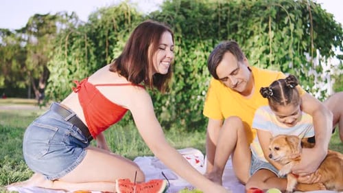 Family Enjoys a Sunny Picnic in a Park with Food Drinks and a Playful Chihuahua Dog Creating Lasting
