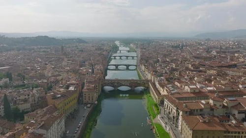 Aerial Panoramic View of Historic City and Bridges Over Arno River