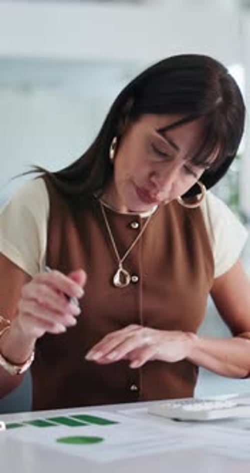 Documents, writing and businesswoman in office for meeting on finance review with budget planning