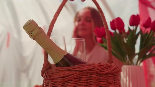 Celebration picnic with champagne and flowers indoors