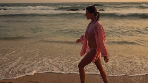 Sexy Happy Woman Walking on Beach Near Sea Super 240