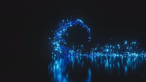 3D animation of blue sparks moving in a spiral trajectory, making loop in the air