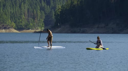 Couple on Stand Up Paddle Boards in Lake Activity
