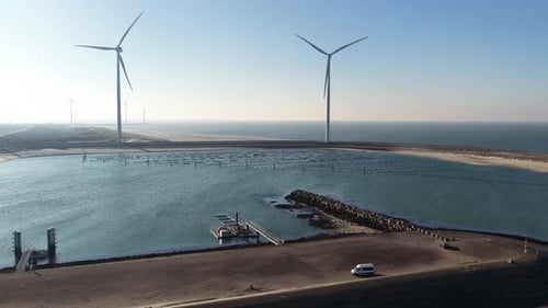 Aerial view of wind turbines near the coast, Netherlands.