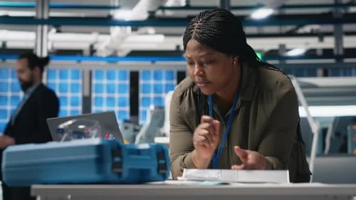 Black Engineering Expert Checking Data on Papers at the Solar Energy Factory
