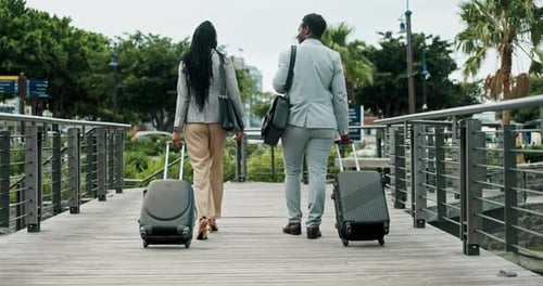 City, walking and business people with suitcase for travel, morning commute and work trip