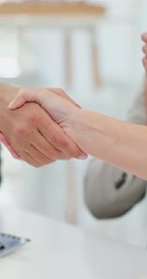 Business people, handshake or meeting with documents for partnership, deal or agreement at office