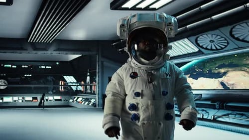 Researcher Wearing Helmet Travelling in Space with Starship