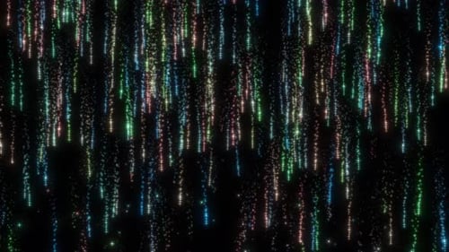 Multicolored Fast Moving Particle Falling Down On Black Bg. Glitter Fast Moving Particle Falling On