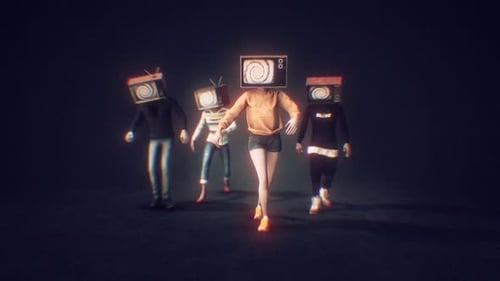 Animated Retro TV Head Figures with Hypnotic Spiral on Screen