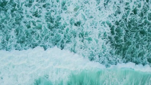Aerial Marine View Turquoise Ocean Waves Washing Sand Shore in Super Slow Motion