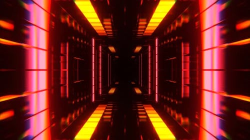 Red And Orange Cyber Tunnel With Glowing Neon Squares Background Vj Loop In 4K