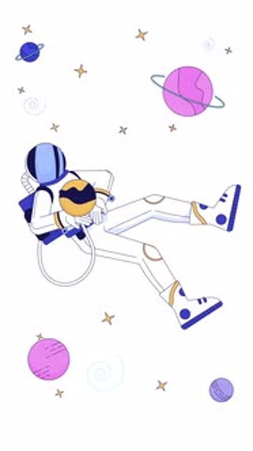 Floating astronaut in outer space among stars and planets transparent overlay animation