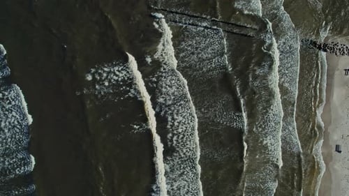 An aerial view of a beach and ocean