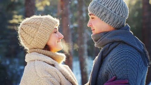 Valentine's Day Date Young Stylish Loving Couple Walking in Winter Park