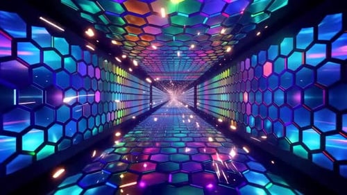 Abstract Neon Hexagon Tunnel Loop with Colorful Glowing Part