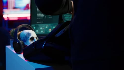 Cybercriminal Opening Notebook to Exploit Network Backdoors Close Up