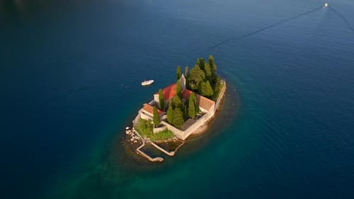 A Breathtaking Aerial View of the Catholic Monastery of Saint George in the Bay of Kotor Montenegro