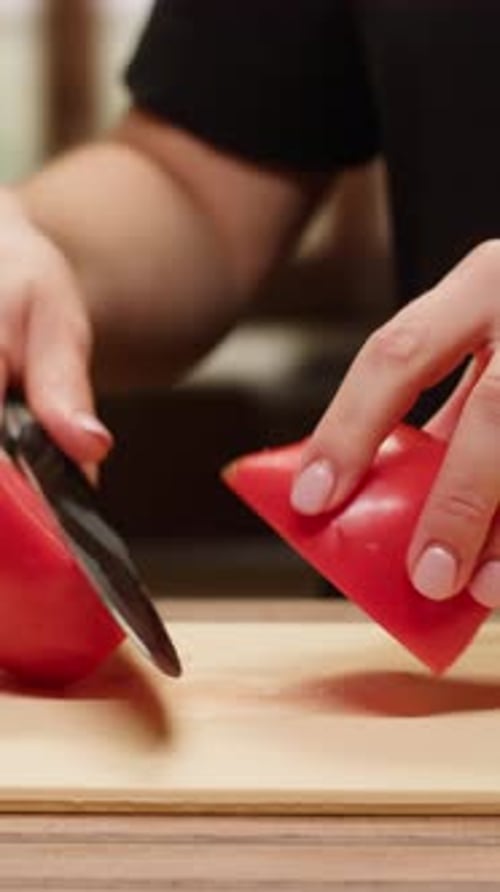 Hands Slice Fresh Tomato on Cutting Board