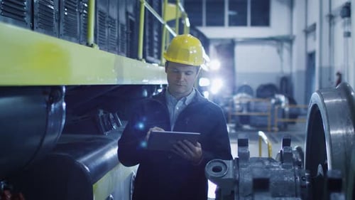 Techniker mit Schutzhelm verwendet Tablet in industrieller Umgebung.